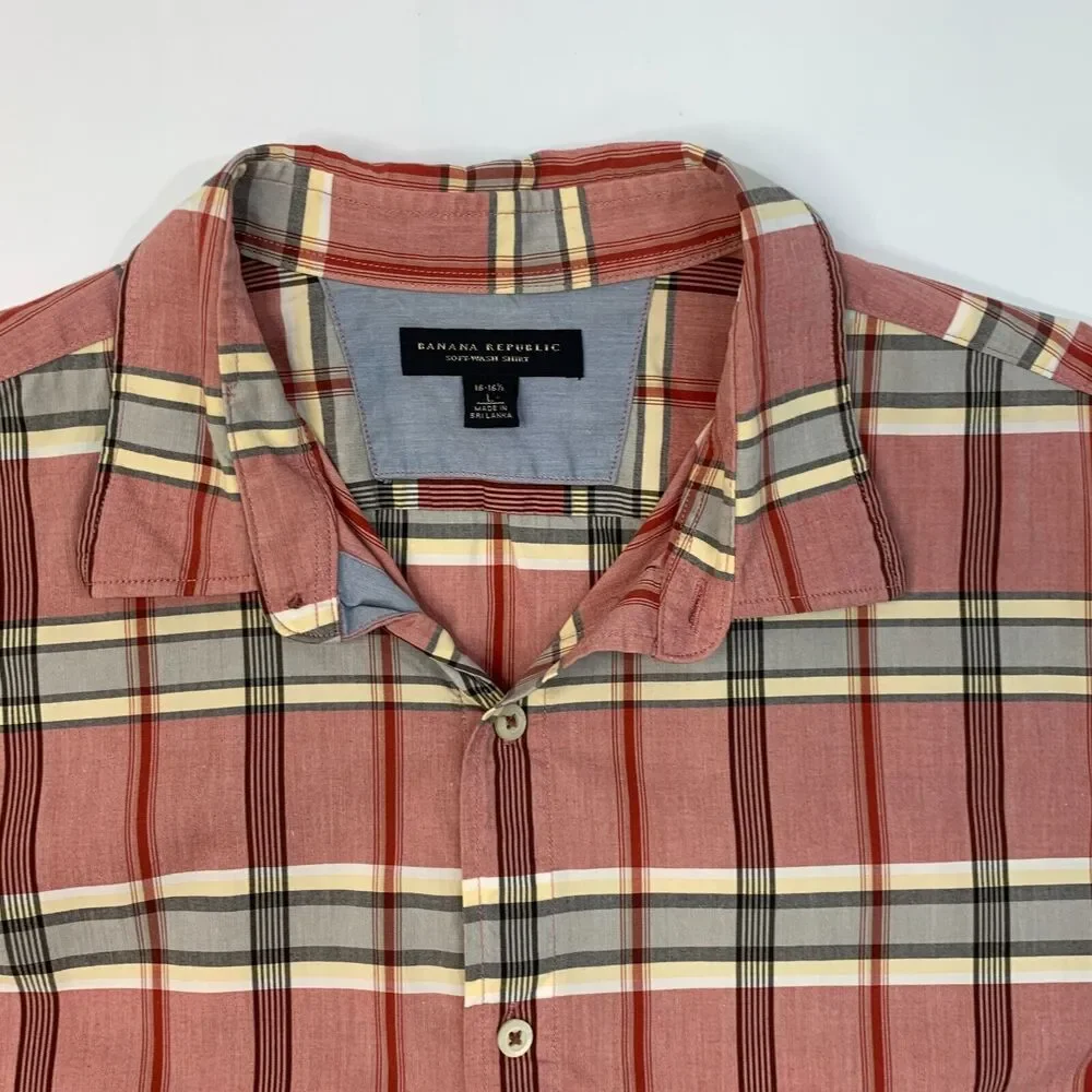 Banana Republic Soft Wash Shirt Men L Large Red Plaid Flip Cuff Cotton Button Up